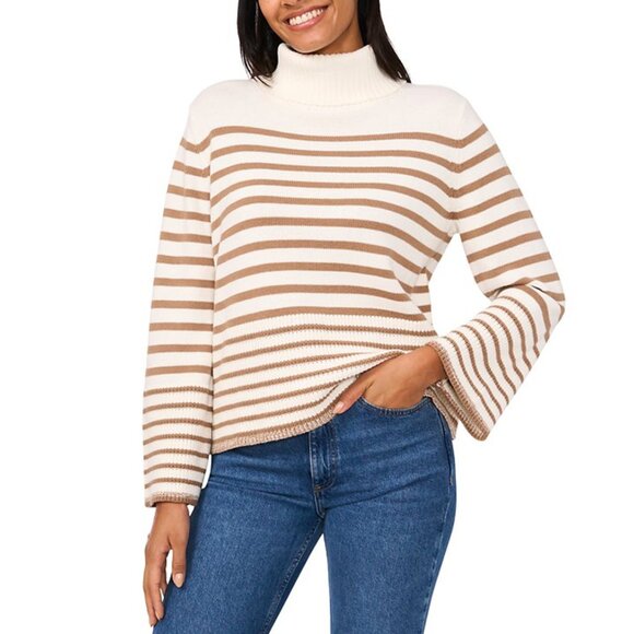 CeCe Sweaters - NWT Cece | Cream & Tan Turtleneck Stripe Sweater with Bell Sleeves | Size Medium